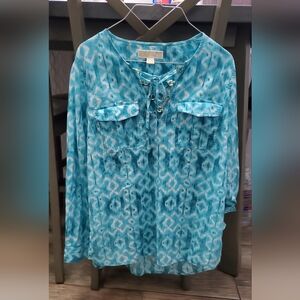 NWT Michael Kors Turquoise Ikat Blue Lace-Up Tunic Top